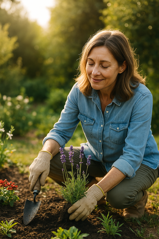 A woman planting lavender in a peaceful garden at golden hour, symbolising mindfulness and therapeutic gardening.