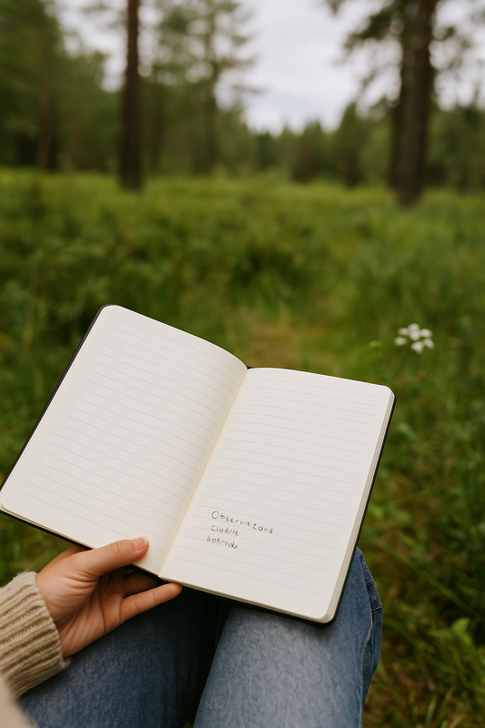A person sitting outdoors on grass holding an open journal in their lap, surrounded by trees and nature.