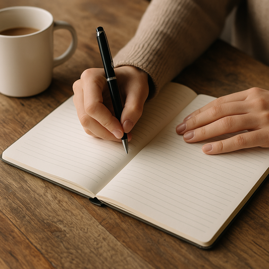 A person's hands writing in a lined journal on a wooden table with a coffee mug nearby, evoking a calm and reflective atmosphere.