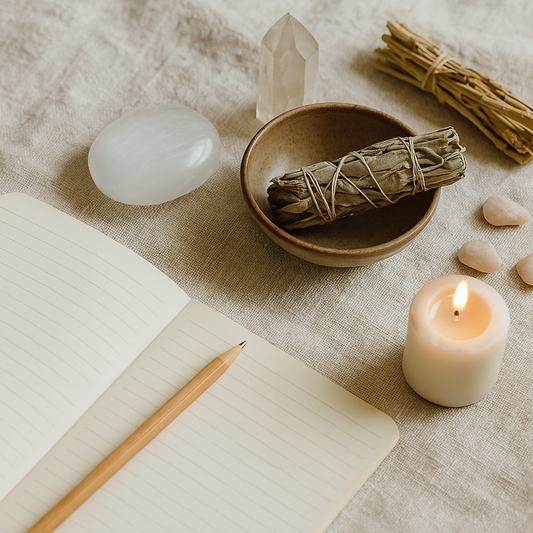 A peaceful flat-lay of new moon ritual items including a candle, sage bundle, crystals, and an open journal on a natural fabric background.