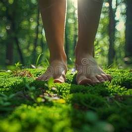 Bare feet standing on mossy forest ground, sunlight filtering through trees.