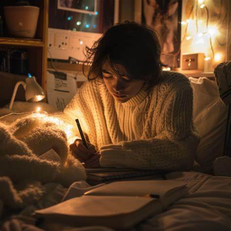 A person writing in a journal by soft lamp light at night, creating a calm bedtime ritual.