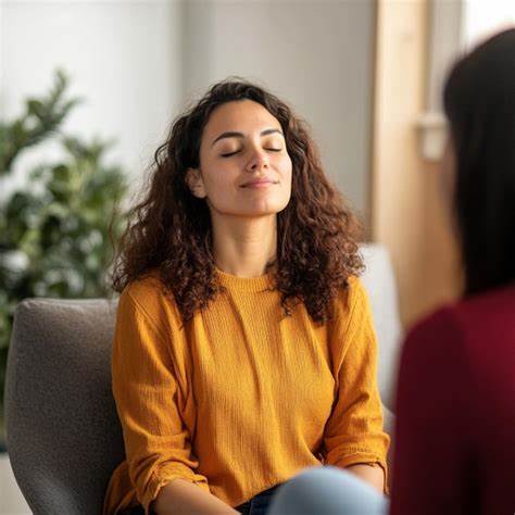 Person smiling in calm relief during a therapy session, eyes closed in thoughtful reflection.