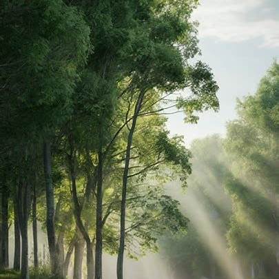 Sunlight streaming through green trees, evoking calm and connection with nature.