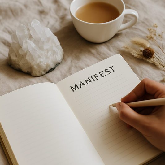 A manifestation journal open on a linen cloth, with the word "MANIFEST" written at the top, next to a crystal, a cup of tea, and dried flowers.