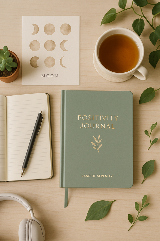 A calming flat lay of a journaling scene with the Positivity Journal, an open notebook, a cup of tea, greenery, and natural lighting on a wooden surface.