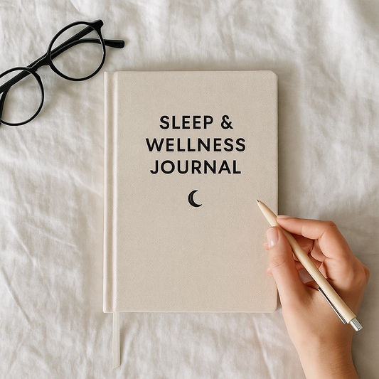 A minimalist Sleep & Wellness Journal on a white bedspread, with black-framed glasses and a beige pen beside it.