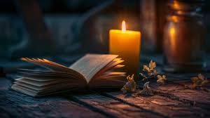 A journal open beside a lit essential oil diffuser and candles, creating a calming atmosphere.