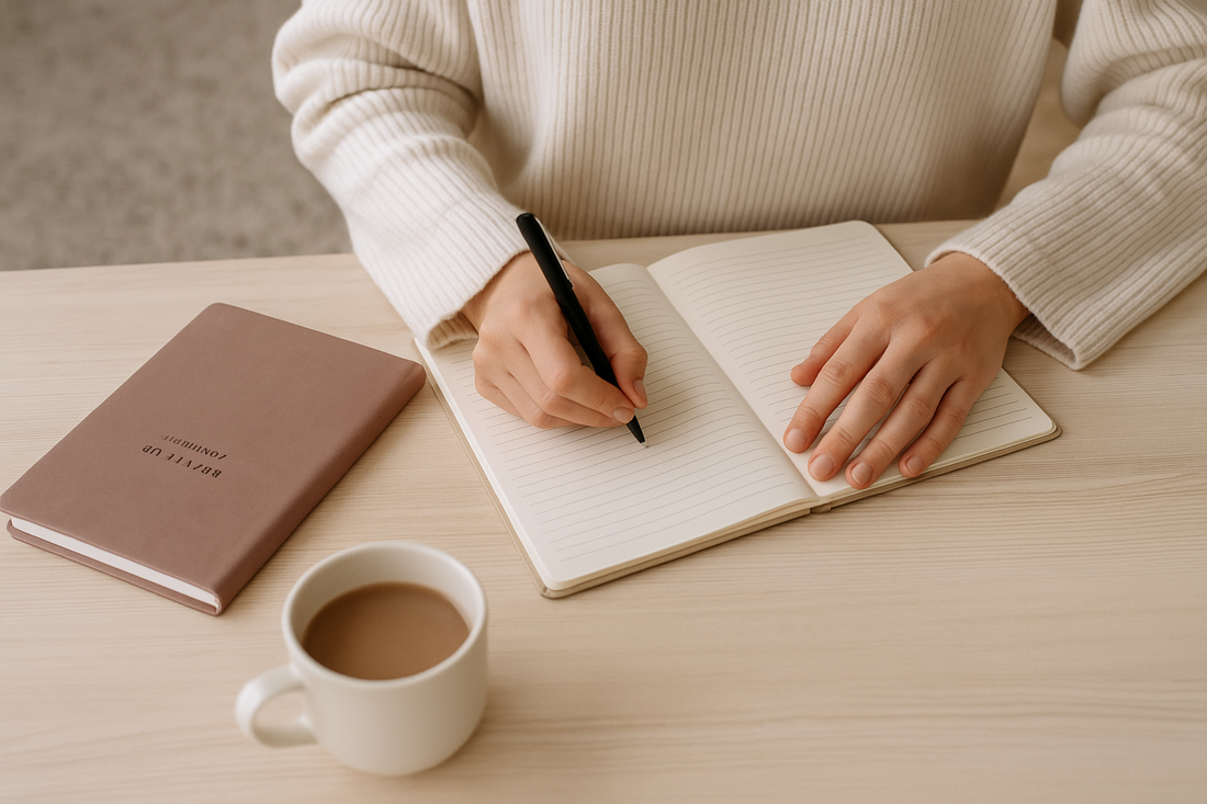 A serene scene of a person in a cream jumper journaling at a wooden table with a cup of tea and a beige notebook.