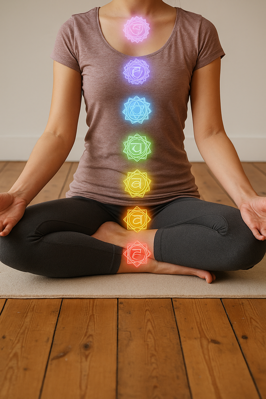 A photograph captures a woman sitting cross-legged in a meditative pose on a wooden floor, with glowing chakra symbols aligned from her base to her crown.