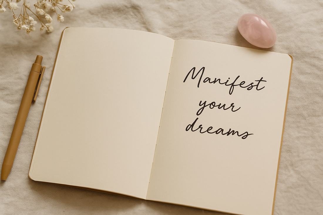 An open manifestation journal with "Manifest your dreams" written inside, laid on a soft cream cloth with a golden pen, baby's breath flowers, and a rose quartz crystal nearby.