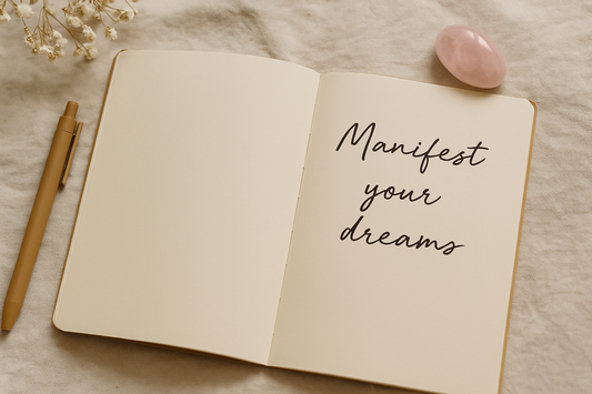An open manifestation journal with "Manifest your dreams" written inside, laid on a soft cream cloth with a golden pen, baby's breath flowers, and a rose quartz crystal nearby.