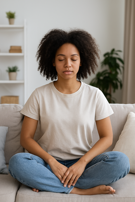 A young woman meditates barefoot peacefully on a sofa in a bright, serene living room, embodying mindfulness and calm amidst daily chaos.