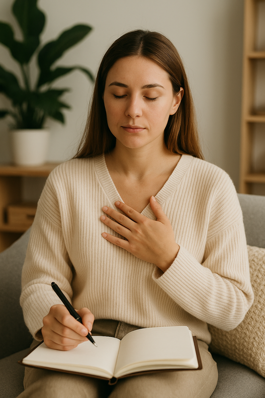 A young woman with light brown hair sits peacefully with eyes closed, holding a pen above a journal in a calming, plant-filled living room.