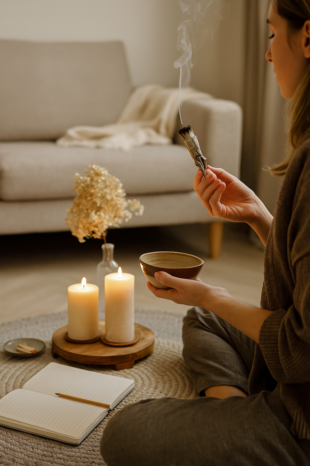 A woman performs a calming ritual at home with candles, a notebook, dried flowers, and a lit sage smudge stick in a softly lit, serene space.