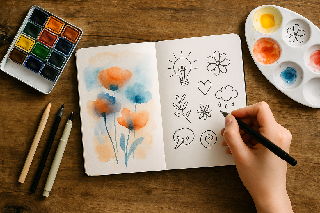 An open sketchbook on a wooden table featuring orange and blue watercolour flowers on one page and black ink doodles on the other, with painting tools scattered around.