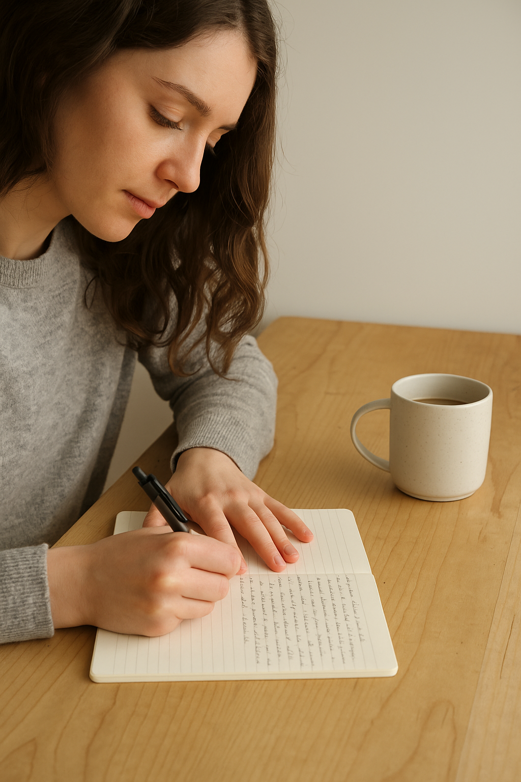A young woman with wavy brown hair sits peacefully at a wooden table, writing thoughtfully in her notebook beside a warm mug of coffee.
