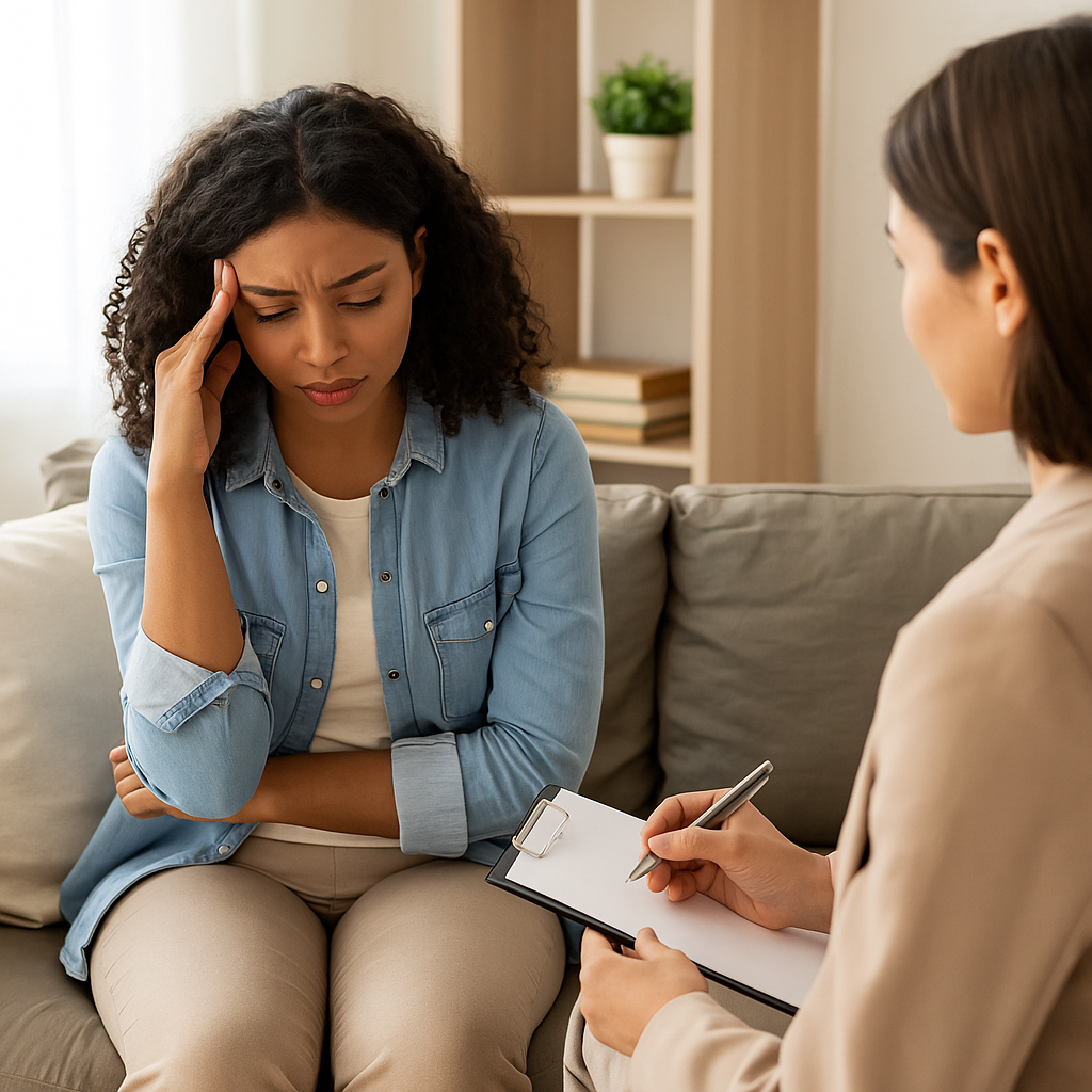 A young woman sits on a sofa during a therapy session, looking anxious while a therapist takes notes in a calm, neutral-toned room.