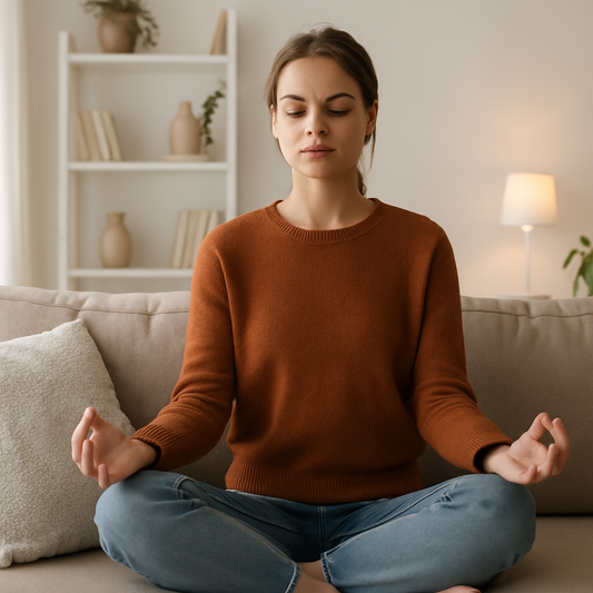 A young woman in a burnt-orange jumper meditates peacefully on a beige sofa in a softly lit, minimalist living room.