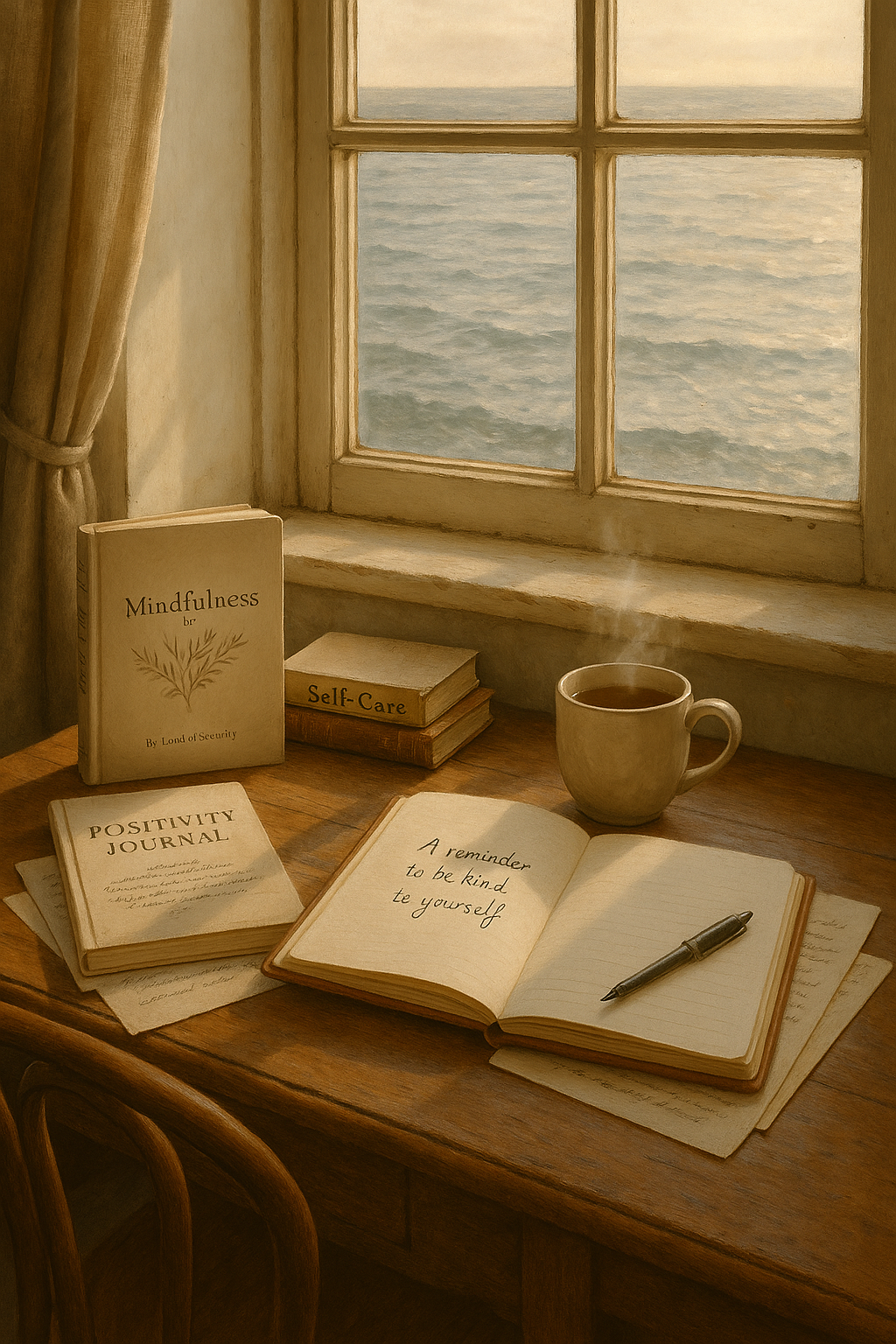 A warm, vintage-style writing desk inside a lighthouse, overlooking a calm sea, with journals, a cup of tea, and an open notebook inviting reflection.