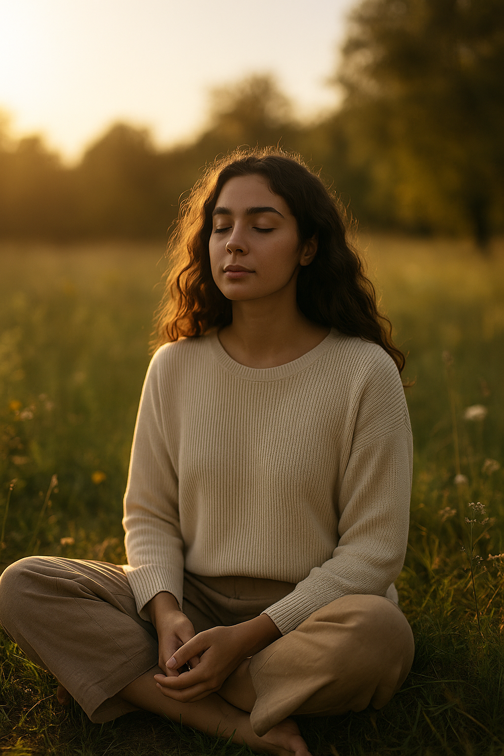 A young woman with wavy brown hair sits cross-legged in a sunlit meadow, eyes closed, radiating calm and peace in the golden glow of late afternoon.