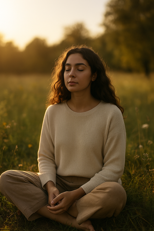 A young woman with wavy brown hair sits cross-legged in a sunlit meadow, eyes closed, radiating calm and peace in the golden glow of late afternoon.