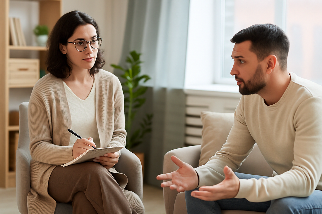A woman therapist listens attentively to a male client during a therapy session in a bright, calm room.