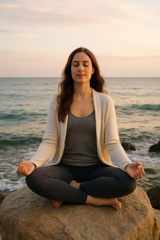 A young woman meditating on a rock by the sea at sunset, exuding calm and serenity amidst gentle waves.