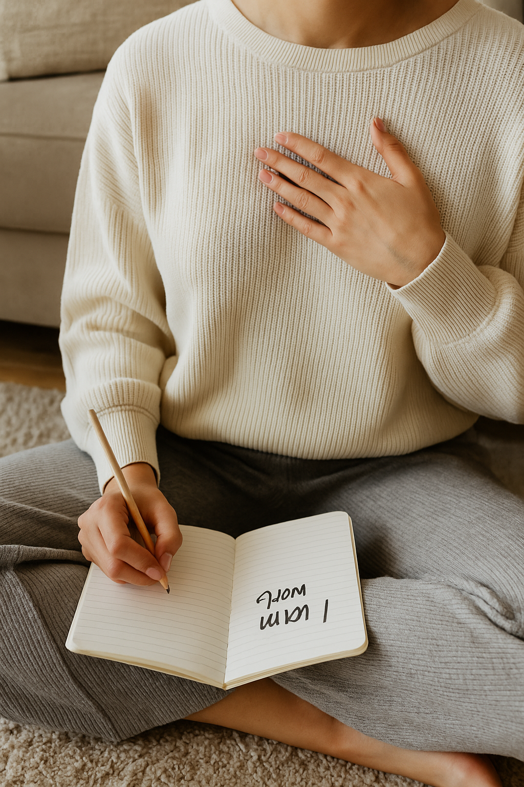 A woman in a cosy jumper sits cross-legged on a soft rug, writing the affirmation "I am worthy" in a journal, hand gently resting on her chest.