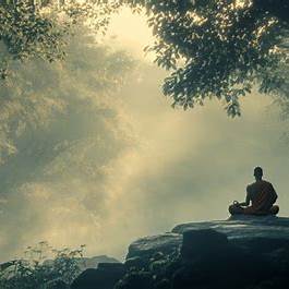 A person meditating peacefully by a misty lakeside at sunrise, surrounded by serene nature.
