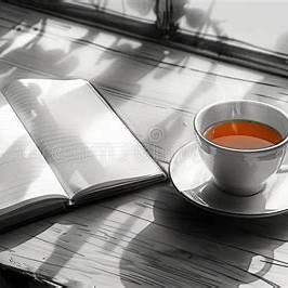 A calm sketch of a blank journal beside a steaming cup of tea in morning light on a wooden table, evoking mindful reflection.
