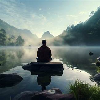 Person meditating peacefully by a calm lake surrounded by forest, representing mindful grounding for an ADHD mind.