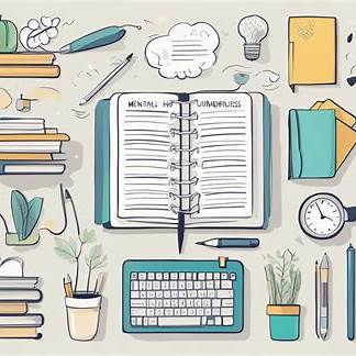 An open journal beside a keyboard and pen, surrounded by doodles of plants and icons representing emotions and mindfulness.