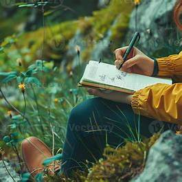 A person writing in a journal while sitting peacefully in a forest, illustrating mindful reflection.
