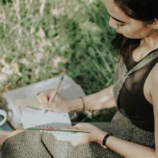 Person journaling outdoors, seated in peaceful natural surroundings