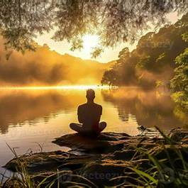 Person meditating at sunrise by a tranquil lake surrounded by forest, practising spiritual self-care.