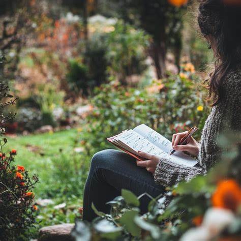 Person journaling in a peaceful garden, reflecting after a breakup