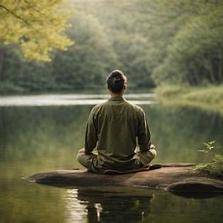 Person sitting in meditation by a calm forest lake, reflecting tranquillity and mindfulness.