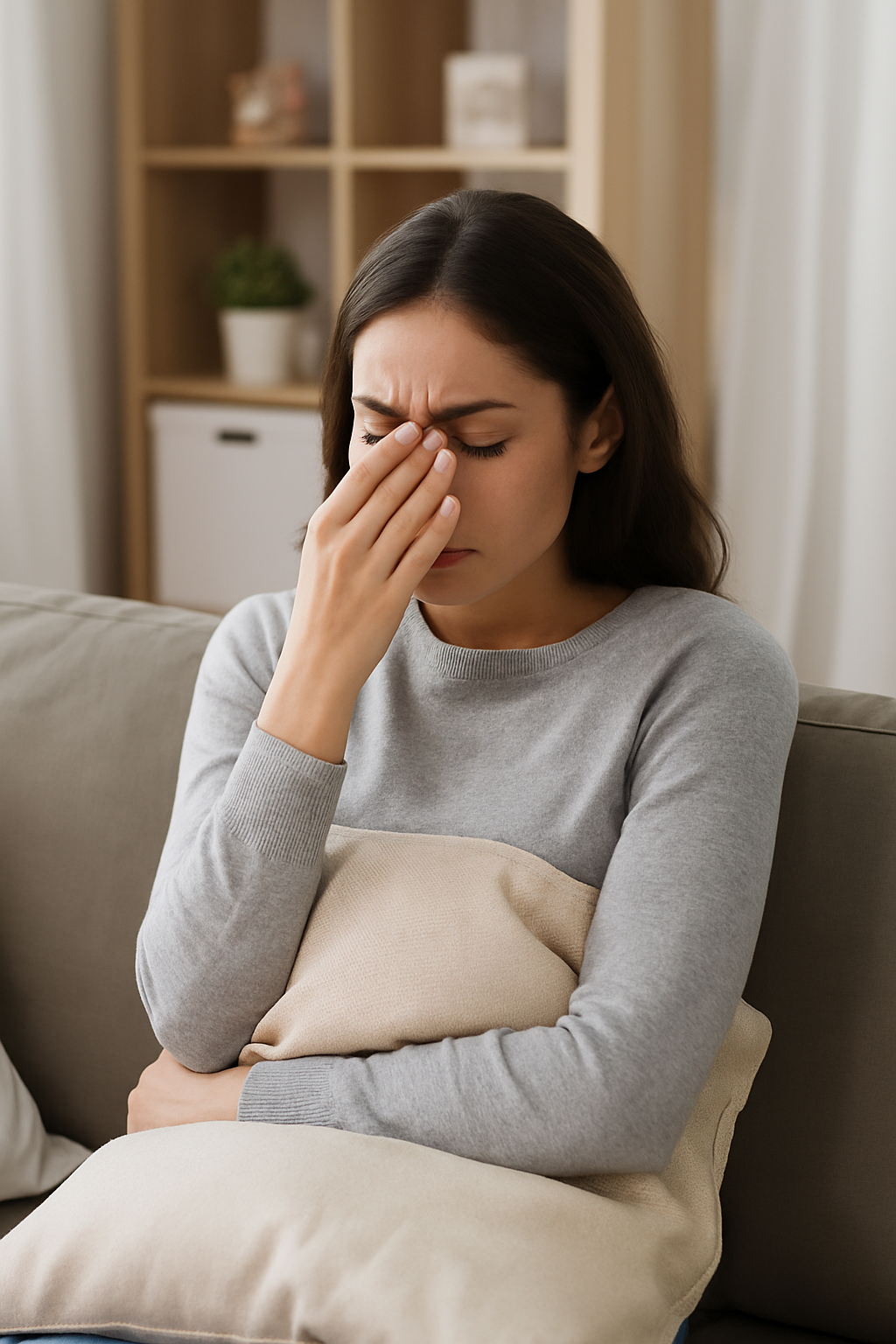 A young woman with long dark hair sits on a sofa looking distressed while holding a beige cushion and rubbing her face with her hand.