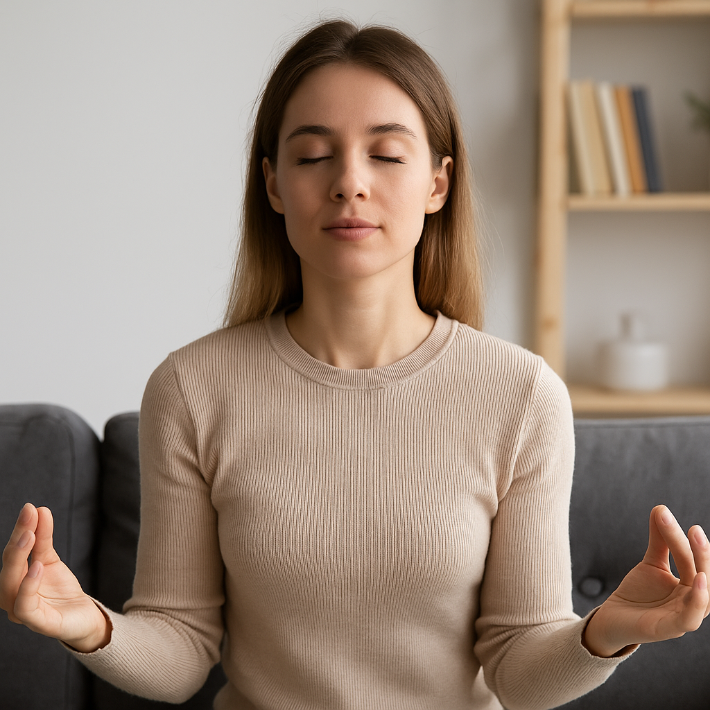 A young woman sits peacefully on a grey sofa, meditating with her eyes closed and hands in Gyan Mudra, surrounded by natural light and a calm home environment.