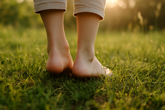 Bare feet of a person standing on sunlit green grass during golden hour, symbolising connection with nature and grounding.