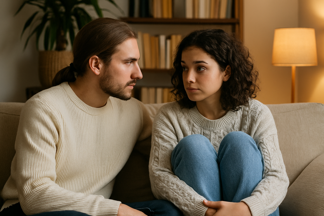 A young couple sits closely on a sofa, having an emotionally serious conversation, with warm lighting and a cosy bookshelf in the background.