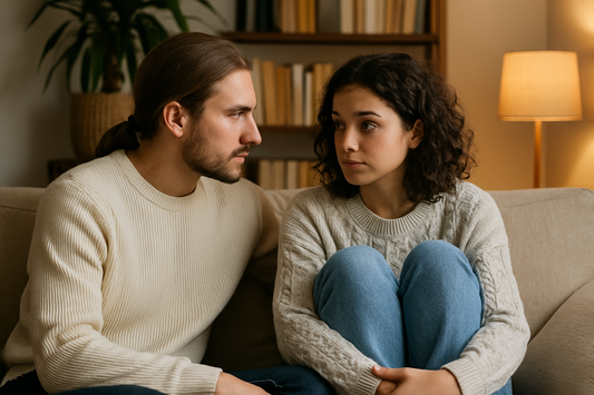 A young couple sits closely on a sofa, having an emotionally serious conversation, with warm lighting and a cosy bookshelf in the background.