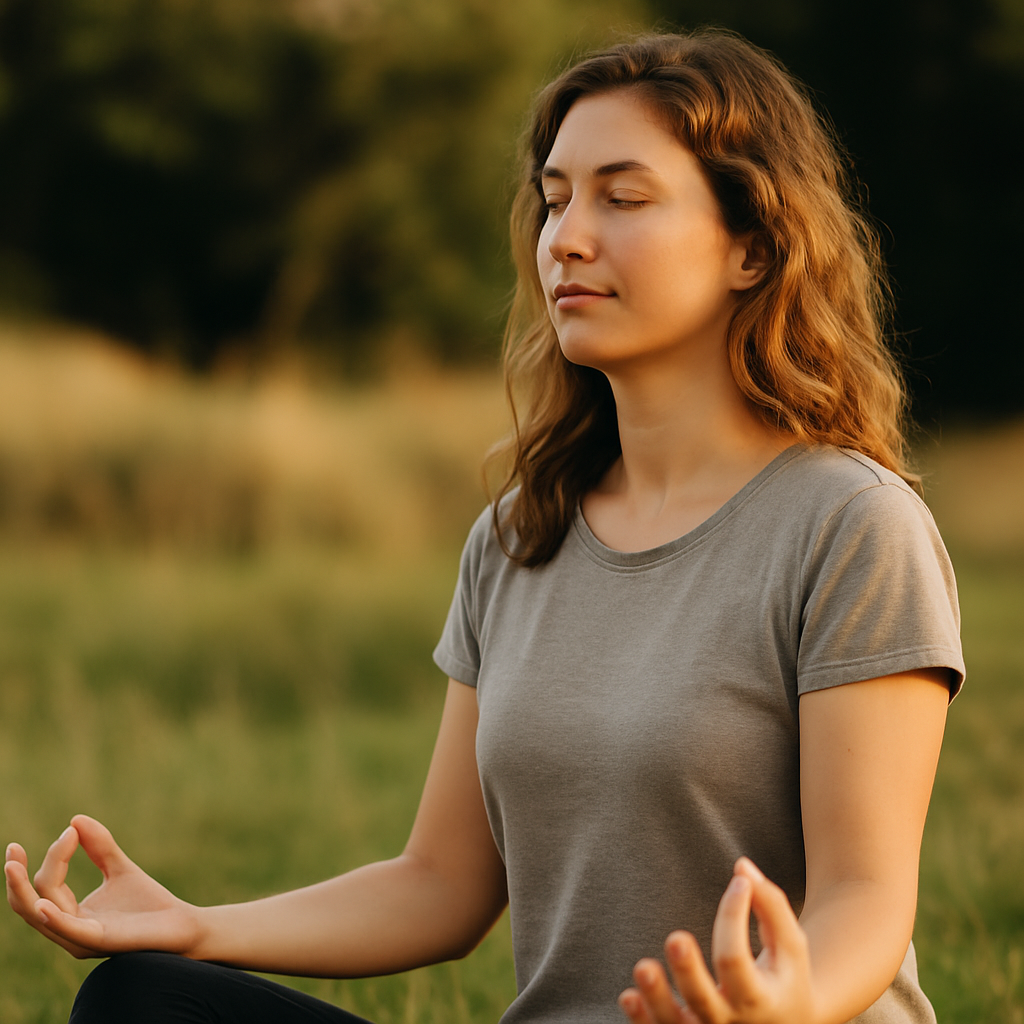 A woman meditates peacefully in a grassy field during golden hour, sitting cross-legged with her eyes closed and hands in Gyan Mudra.