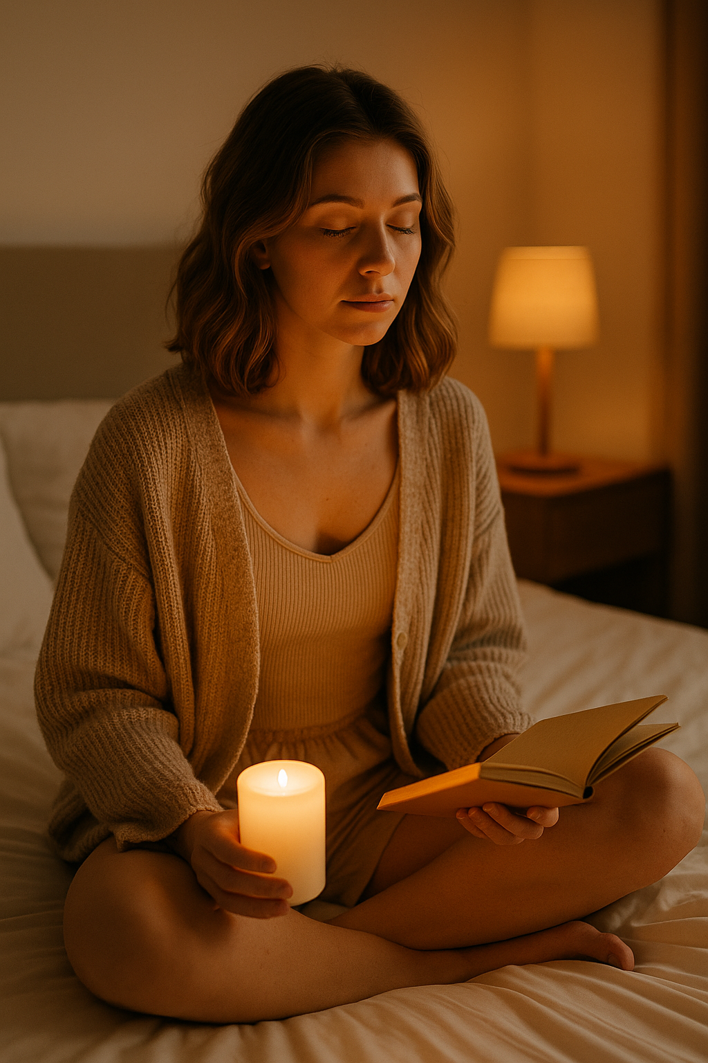 A woman sits cross-legged with bare feet on a cosy bed, holding a candle and an open journal, surrounded by soft warm lighting—creating a peaceful evening ambience.