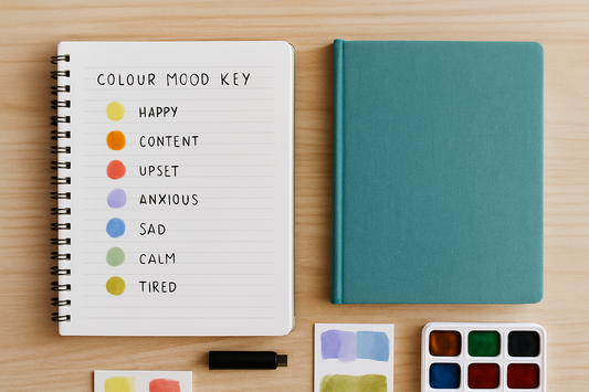 A photograph showcases an open spiral-bound journal featuring a "COLOUR MOOD KEY" with various coloured dots representing emotions, placed beside a teal notebook, colour swatches, a black pen, and a small watercolour set on a light wooden surface.