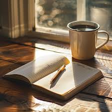 A steaming cup of tea beside a notebook on a sunlit table—symbolising calm reflection and thought release.