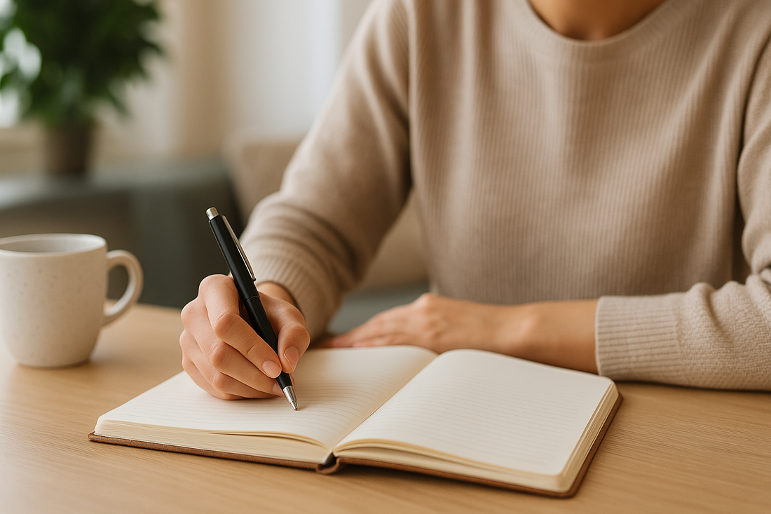 A person writing in a journal at a wooden table with a mug and plant in the background, creating a peaceful, reflective atmosphere.