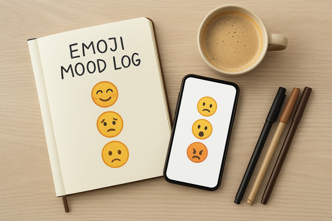 A flat-lay image showing a notebook with the title "Emoji Mood Log", three expressive emojis, a smartphone displaying similar emojis, a coffee cup, and pens on a wooden desk.