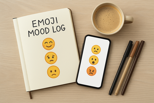 A flat-lay image showing a notebook with the title "Emoji Mood Log", three expressive emojis, a smartphone displaying similar emojis, a coffee cup, and pens on a wooden desk.